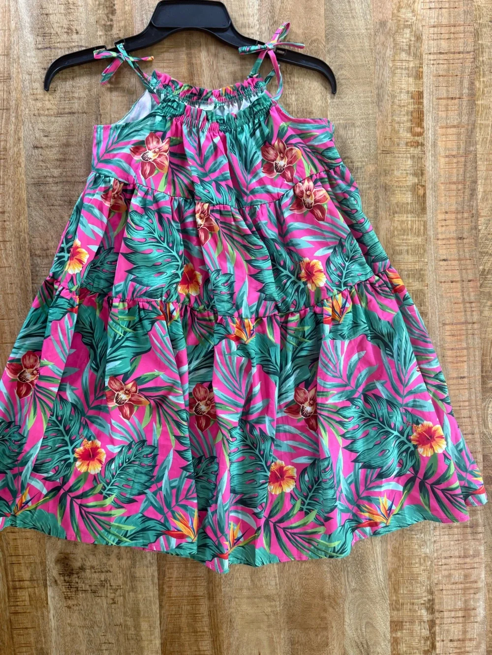 SHEIN Girls Size 8Y Tropical Floral Tiered Sundress Pink Green Tie Strap